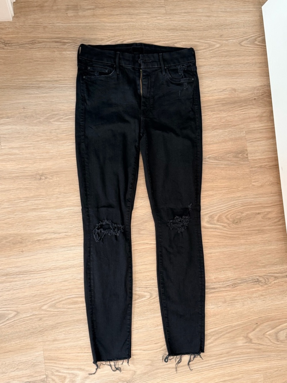 MOTHER Black Ripped Skinny Jeans with Raw Hem